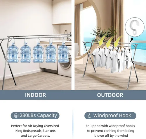 Miniatura 5 de Estante de secado de ropa, de acero inoxidable resistente, ajustable y plegable, para interiores y exteriores, con 20 ganchos resistentes al viento