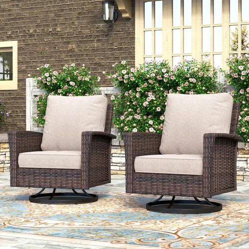 HERA'S HOUSE Muebles de exterior, 2 sillas de patio giratorias con respaldo alto con cojines de 5.5 pulgadas, muebles de mimbre de ratán para