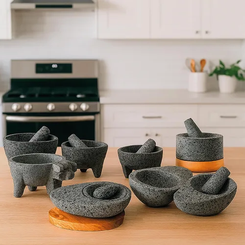 Miniatura 6 de Molcajete de 7 pulgadas mexicano, hecho a mano con piedra volcánica natural, utensilio de cocina artesanal para moler con poros para triturar