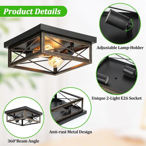 Miniatura 3 de Lámpara de techo de bronce cepillado para pasillo, lámpara de techo industrial de granja de montaje empotrado de 2 luces, lámpara de cocina de metal
