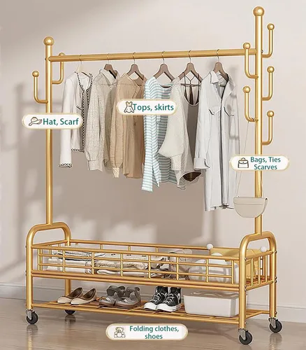 Miniatura 6 de Perchero de pie con ruedas, resistente para almacenamiento, dorado, para colgar ropa, zapatos, bolsas, bufandas, corbatas, ideal para oficinas