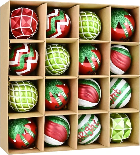 16 piezas de esferas decorativas de Navidad - Adornos de bolas rojas, verdes y blancas de 2.36", decoración navideña irrompible para árbol de