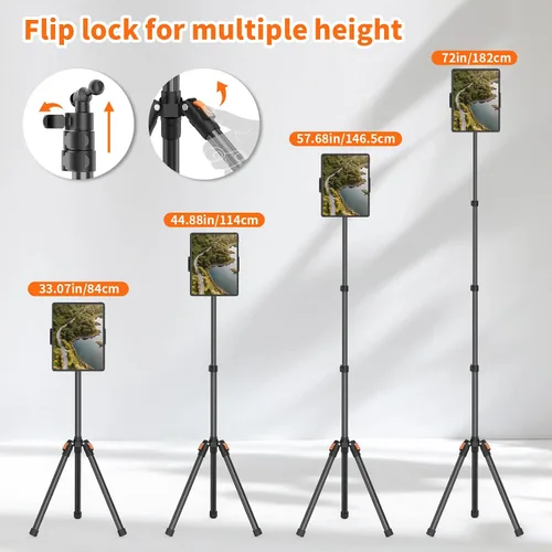 Miniatura 5 de XXZU Trípode de pie de 72 pulgadas para tablet, soporte para tablet con cabeza de bola de 360°, soporte de piso ajustable en altura con funda