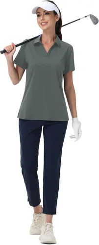 Miniatura 6 de MAGCOMSEN Camisas de golf para mujer, manga corta, cuello polo, cuello en V, secado rápido, protección solar UPF 50+