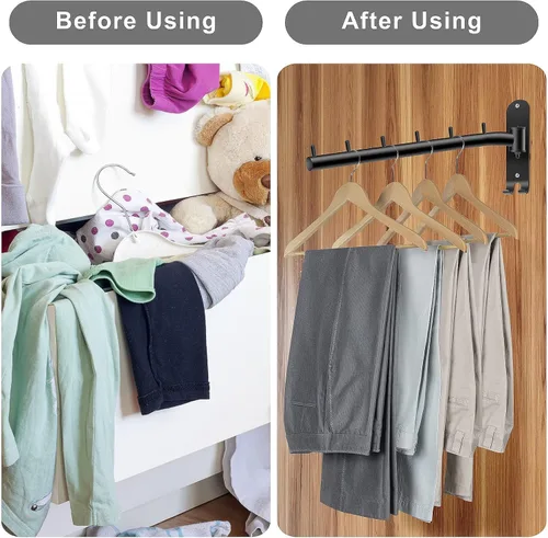 Miniatura 6 de Bosszi Paquete de 2 percheros plegables montados en la pared, ganchos de ropa de acero inoxidable con soporte para brazo oscilante, sistema colgante