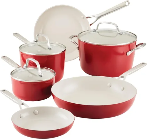 Miniatura 14 de KitchenAid Juego de ollas y sartenes antiadherentes de inducción de cerámica anodizada dura con cacerolas, sartenes, olla y tapas, apto para Agave