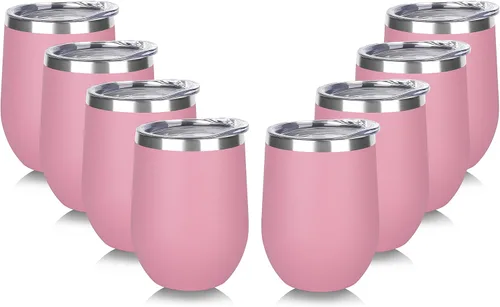 Miniatura 28 de DOMICARE - Juego de 8 vasos de vino de 12 onzas con tapa, hechos de acero inoxidable con aislamiento al vacío de doble pared, color celeste Azul