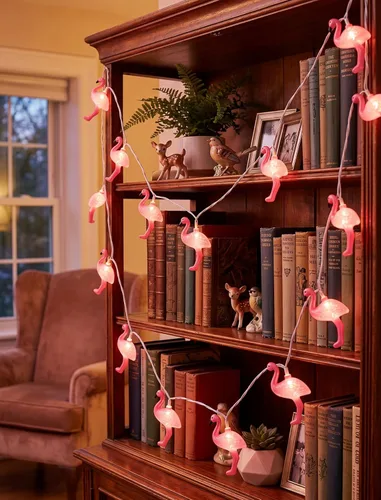 Miniatura 5 de Guirnalda de luces de flamenco rosa con temática de verano, 8.5 pies, luces de decoración de flamencos tropicales de playa para interiores