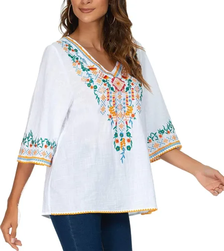 Miniatura 4 de YZXDORWJ Blusa campesina mexicana bordada con cuello en V para mujer