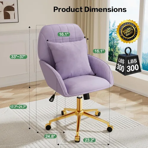 Miniatura 3 de Silla de escritorio para oficina en casa cómoda con ruedas giratorias ajustables, silla moderna de terciopelo para maquillaje con respaldo y Púrpura