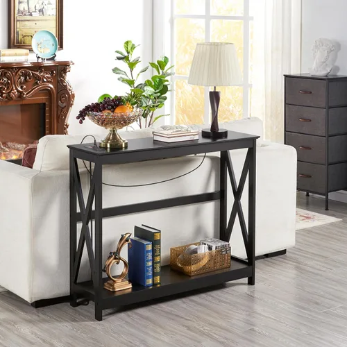 Miniatura 4 de Yaheetech Mesa consola de 40 pulgadas con tomas de corriente y puertos USB, mesa de entrada de madera con estación de carga y estante