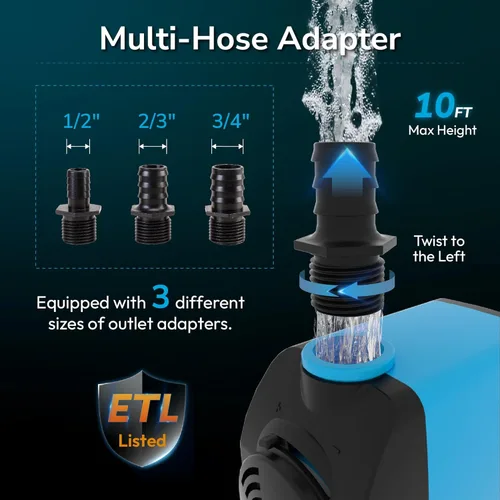 Miniatura 4 de Hexago Bomba sumergible de 800 GPH, bombas de fuente de agua ultra silenciosas con elevación de 10 pies, cable de alimentación de 6 pies, 3
