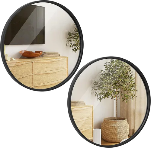 ZenStyle Espejo de pared circular de 18 pulgadas x 2 pulgadas, color negro, espejo de baño con marco de metal grande con ganchos prefijados para un