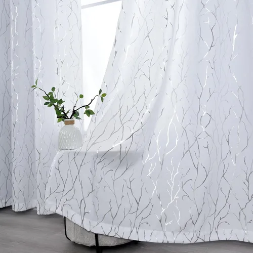 Miniatura 13 de Kotile Cortinas traslúcidas de rama de árbol – Cortinas traslúcidas grises con estampado de rama de árbol en lámina dorada metálica de 63 pulgadas