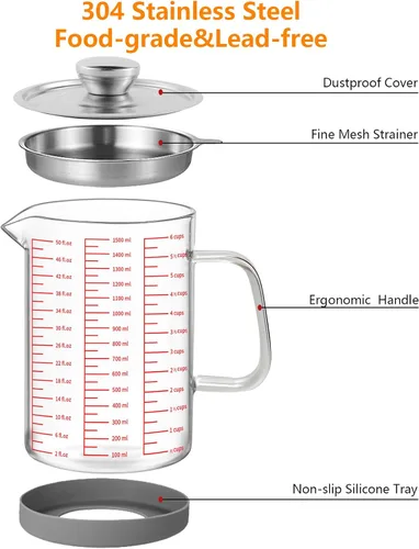 Miniatura 2 de Luvan Contenedor de grasa de tocino de vidrio de 1.5L/50oz con colador, lata de almacenamiento de aceite de cocina con filtro de malla fina, tapa