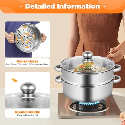 Miniatura 7 de Olla de vapor para cocinar de acero inoxidable de 10.2 pulgadas, olla de vapor de 5 niveles con tapa, utensilios de cocina multiusos para cocinar