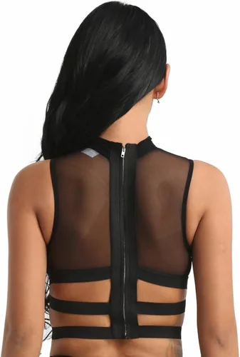 Miniatura 5 de JEATHA Camiseta corta de malla transparente para mujer, sin mangas, cuello alto, blusa