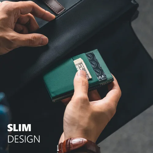 Miniatura 28 de VULKIT Billetera minimalista con ventana de identificación y bolsillo EDC con bolsillo desplegable para tarjetas de crédito y bloqueo RFID, diseño