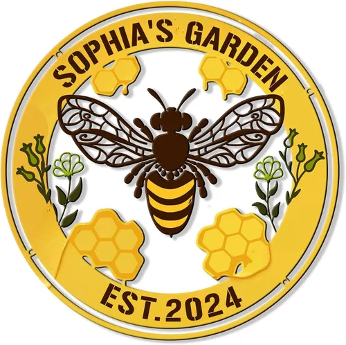 Miniatura 14 de Letrero de metal personalizado de abeja, cartel colgante de abeja de miel, porche de bienvenida al aire libre, valla de pared con nombre