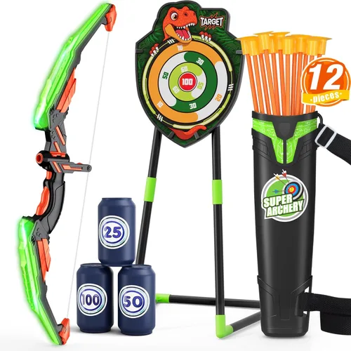 HYES Arco y flecha para niños, juego de tiro con arco con luz LED con 12 flechas de ventosa, 1 objetivo de pie, 3 objetivos de puntuación y 1