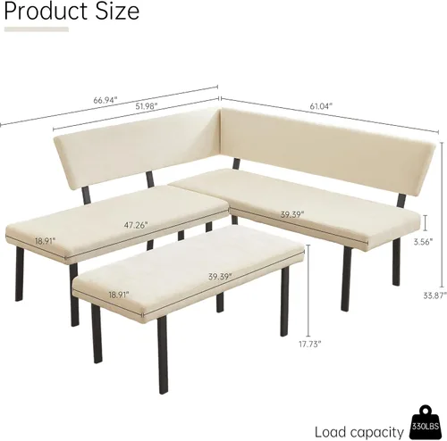 Miniatura 2 de HIPIHOM Moderno banco de comedor en forma de L, sofá esquinero tapizado de tela de 67 pulgadas con patas de metal para rincón de cocina, sala
