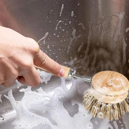 Miniatura 6 de Cepillo de Bambú para Platos con Asa, 4 Cabezales de Repuesto, Raspador de Papas Ecológico, Compostable y Sostenible, Cepillo Raspador de Bambú