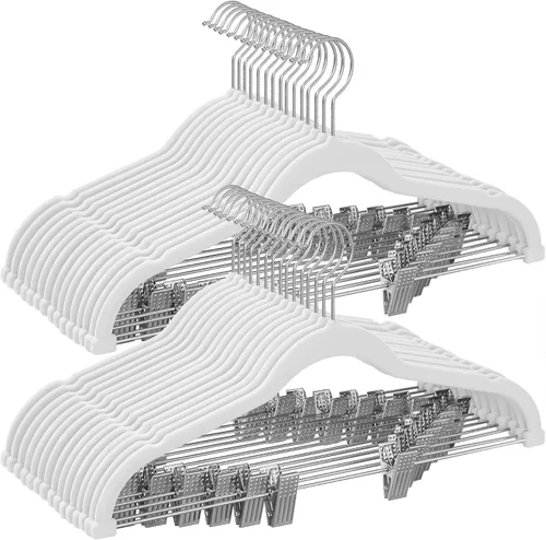 Miniatura 16 de SONGMICS Paquete de 20 perchas para pantalones, perchas de terciopelo de 16.7 pulgadas de largo con clips ajustables, perchas resistentes