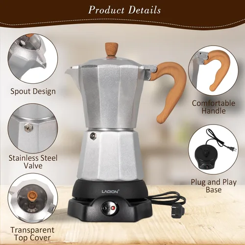 Miniatura 3 de LAOION Cafeteras Eléctricas Modernas, Cafetera de Espresso Portátil de 6 Tazas, Cafetera Moka de 300ml con Base Desmontable y Protección contra