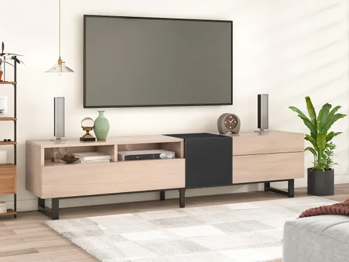 Miniatura 8 de Virubi Soporte de TV moderno con 3 gabinetes y estantes abiertos, centro de entretenimiento minimalista de madera para televisores de hasta 80