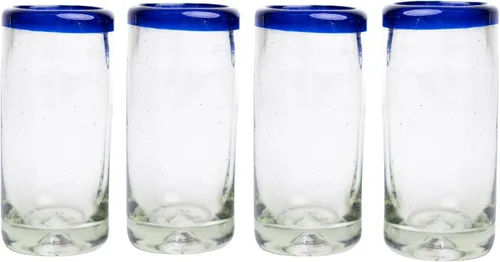 Specialty - Vasos de tequila mexicanos, soplados a mano con color y textura únicos, juego de 4 piezas (borde azul)