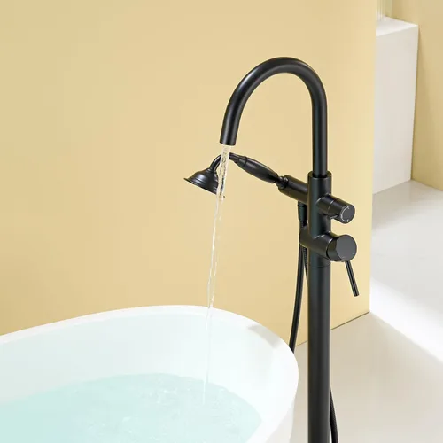 Miniatura 8 de Wowkk Llenador de bañera independiente grifo de bañera negro montado en el suelo grifos de bañera de baño de latón con ducha de mano