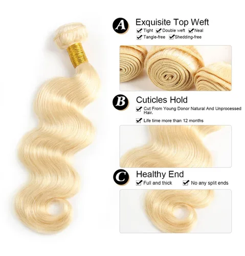 Miniatura 2 de Extensiones de cabello humano 613 rubio, ondulado, grado 12A, sin procesar, cabello humano virgen brasileño 613 para mujeres (1 paquete, 32 pulgadas)