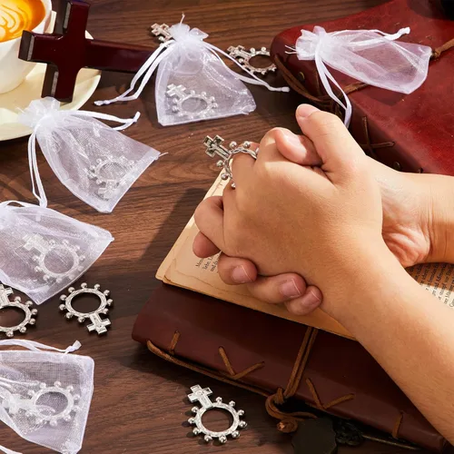 Miniatura 4 de Landical Conjunto de Recuerdos de Bautismo Anillos de Rosario Religiosos para Dedos a Granel Cruz Pequeña de Bolsillo Oración Anillos Católicos