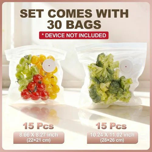 Miniatura 3 de Bolsas selladoras al vacío reutilizables para alimentos: 30 bolsas de sellado al vacío reutilizables sin BPA con válvula de aire y 2 clips