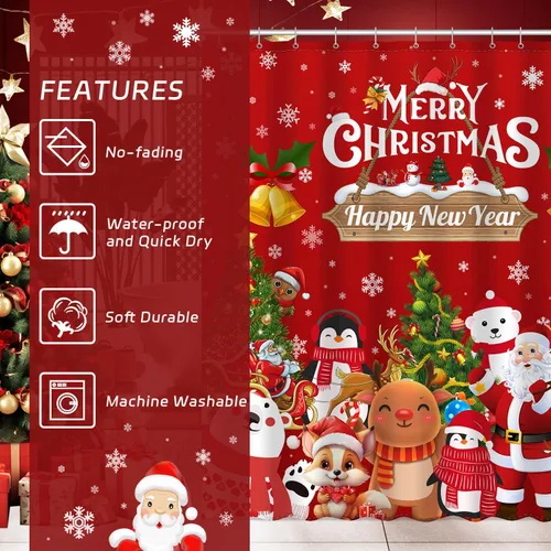 Miniatura 5 de JWXCBIM - Cortina de ducha de Navidad Feliz Navidad y Feliz Año Nuevo, decoración para el hogar de Papá Noel y muñeco de nieve, cortina de baño