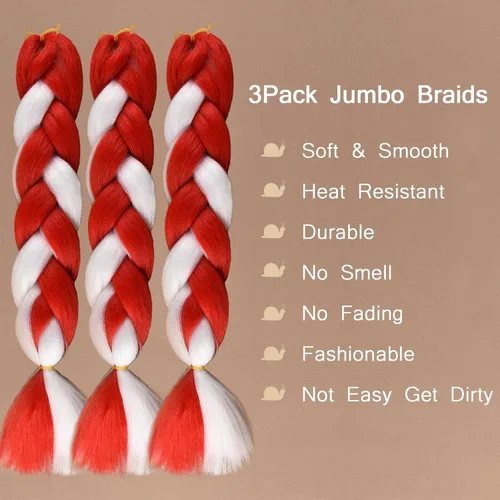 Miniatura 4 de Extensiones de cabello trenzado jumbo para niños y niñas, extensiones de cabello trenzado de bastón de caramelo, cabello trenzado rojo/blanco de 24