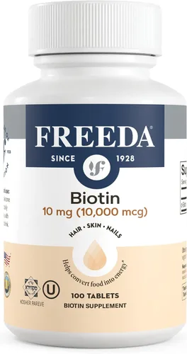 FREEDA Biotin 10,000 mcg - Suplemento para el cabello, la piel y las uñas - B7 de alta potencia para el crecimiento del cabello y uñas fuertes -