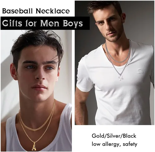 Miniatura 3 de STORUP Collares de béisbol para niños y hombres, de acero inoxidable en capas plateadas, doradas, negras, iniciales, collares de béisbol para niños