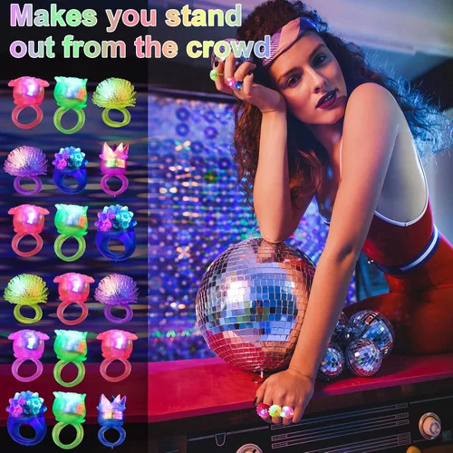 Miniatura 4 de Vinsot 72 anillos iluminados para fiestas rave, anillos de gelatina intermitentes LED que brillan en la oscuridad, luz de goma, regalo de fiesta
