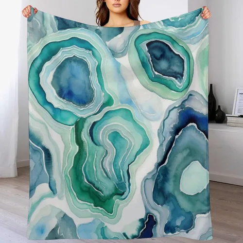 Miniatura 7 de Manta de forro polar de felpa, geoda de ágata, patrón de acuarela, azul, verde, gris, ligera, súper suave, acogedora, de lujo, manta de microfibra