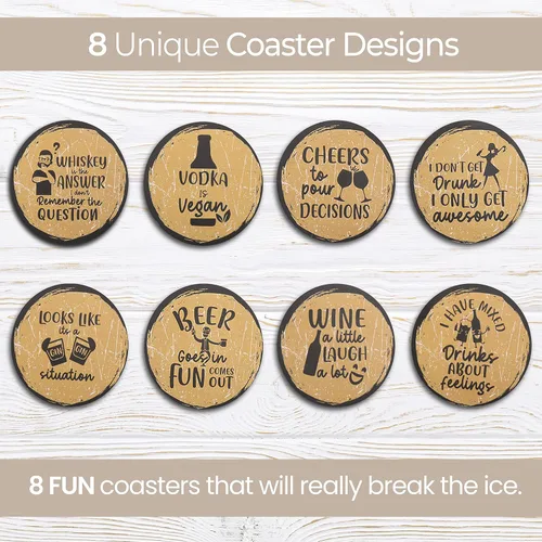 Miniatura 2 de Divertidos posavasos para bebidas, juego de 8 con soporte, base de corcho absorbente para protección de mesa, hechos de madera de ingeniería, ideal