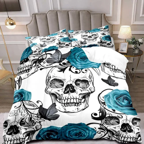 Miniatura 13 de LUVIVIHOME Juego de edredón de 3 piezas de calavera, tamaño King, negro, cuervo, murciélago, telaraña, esqueleto, gótico, calavera, blanco
