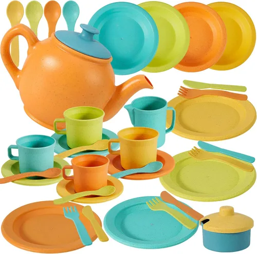 BUYGER Accesorios de cocina para niños y juego de té para niños pequeños de 3 a 5 años, platos de juguete de cocina, utensilios, juego de vajilla,