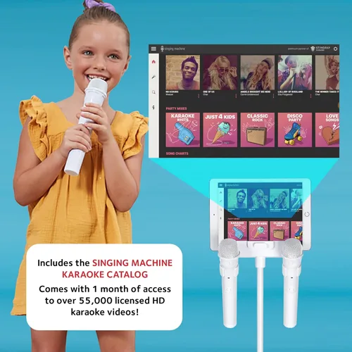 Miniatura 5 de Singing Machine Máquina de karaoke portátil para adultos y niños con 2 micrófonos inalámbricos, escenario en casa (blanco) - Altavoz de karaoke