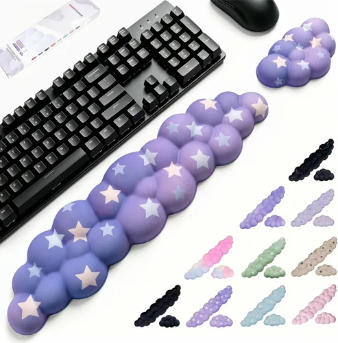Miniatura 15 de Set de reposamuñecas Cloud para teclado y mouse, incluye bonito portavasos, para computadoras y laptops (Set Estrella Púrpura)