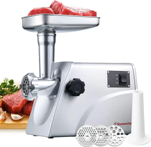 Sunmile SM-G33 ETL picadora de carne eléctrica de acero inoxidable de 1HP 800W Max - Hoja de acero inoxidable y 3 placas de molienda, 3 tipos de