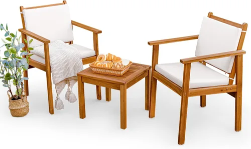 Greesum Juego de 3 sillas de chat para exteriores con cojines resistentes al agua y mesa auxiliar para playa, patio trasero, jardín, beige Blanco