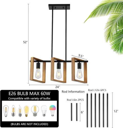 Miniatura 2 de 9MMML Lámpara de 3 luces para isla de cocina, lámpara de comedor negra, con marco de madera, para sala de estar, vestíbulo, entrada, pasillo, E26