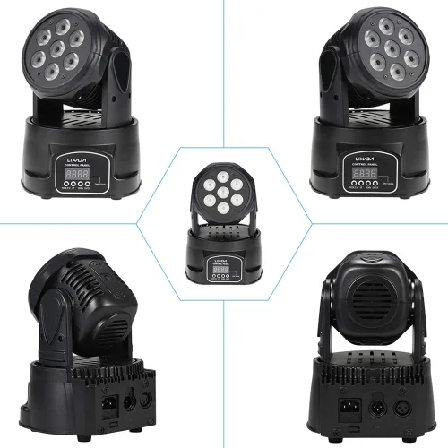 Miniatura 7 de Lixada Luz de cabeza móvil 7x10W Cabeza móvil 4 en 1 RGBW profesional 9/14 canales DMX-512 DJ luces 100W AC 100-240V sonido activo para KTV Club Bar