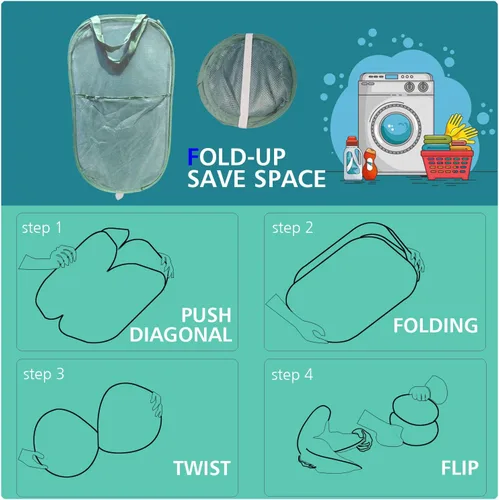 Miniatura 5 de HONOMA Cesta de Malla Resistente para Ropa Sucia Tipo Canasta Bolsa, Cesta Desplegable con Bolsillo Lateral para Cuarto de Lavado, Baño, Habitación